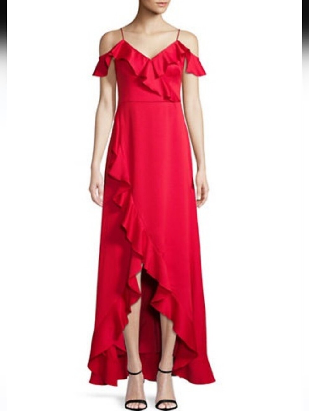 Aidan Mattox Red Cold-Shoulder Flutter Sleeves Ruffle High-Low Dress Size 8